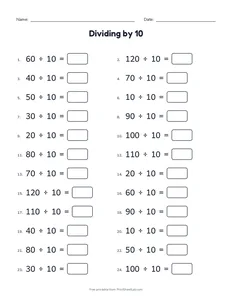 Dividing by 10 printable worksheet for grades 2 and 3