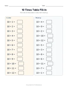 10 Times Table Fill-In printable worksheet for grades 2 and 3