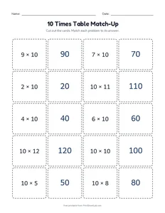 10 Times Table Match-Up printable worksheet for grades 2 and 3
