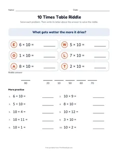 10 Times Table Riddle printable worksheet for grades 2 and 3