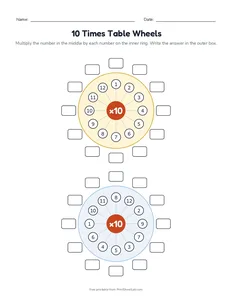 10 Times Table Wheels printable worksheet for grades 2 and 3
