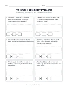 10 Times Table Story Problems printable worksheet for grades 2 and 3
