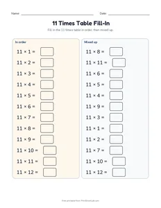 11 Times Table Fill-In printable worksheet for grades 3 and 4