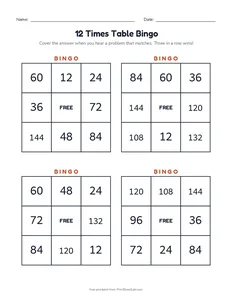12 Times Table Bingo printable worksheet for grades 3 and 4