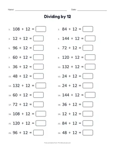 Dividing by 12 printable worksheet for grades 3 and 4