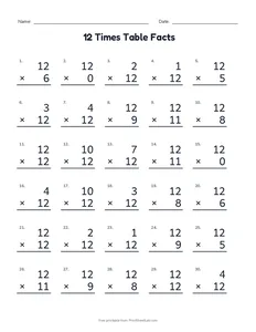 12 Times Table Facts printable worksheet for grades 3 and 4
