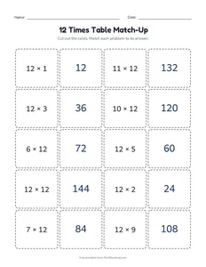 12 Times Table Match-Up printable worksheet for grades 3 and 4