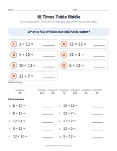 12 Times Table Riddle printable worksheet for grades 3 and 4
