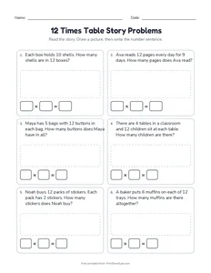 12 Times Table Story Problems printable worksheet for grades 3 and 4