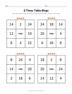 2 Times Table Bingo printable worksheet for grades 2 and 3
