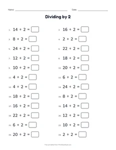 Dividing by 2 printable worksheet for grades 2 and 3