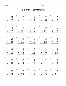 2 Times Table Facts printable worksheet for grades 2 and 3