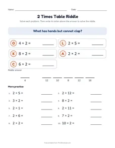 2 Times Table Riddle printable worksheet for grades 2 and 3
