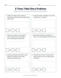 2 Times Table Story Problems printable worksheet for grades 2 and 3