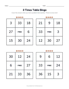 3 Times Table Bingo printable worksheet for grade 3