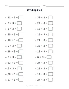 Dividing by 3 printable worksheet for grade 3