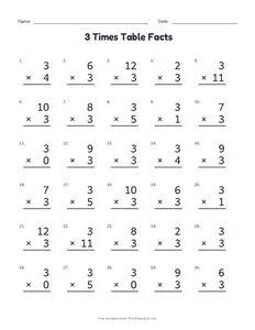 3 Times Table Facts printable worksheet for grade 3