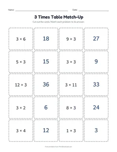 3 Times Table Match-Up printable worksheet for grade 3