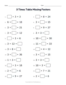 3 Times Table Missing Factors printable worksheet for grade 3