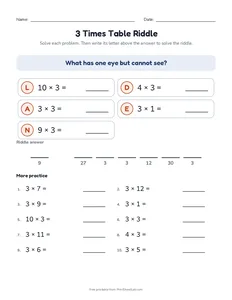 3 Times Table Riddle printable worksheet for grade 3