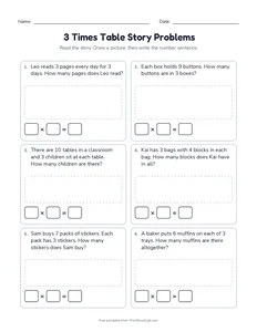 3 Times Table Story Problems printable worksheet for grade 3