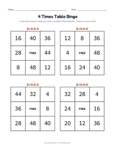 4 Times Table Bingo printable worksheet for grade 3