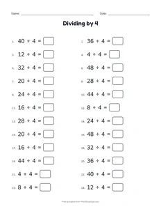 Dividing by 4 printable worksheet for grade 3