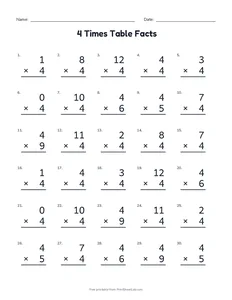 4 Times Table Facts printable worksheet for grade 3