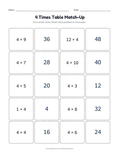 4 Times Table Match-Up printable worksheet for grade 3