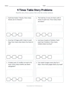 4 Times Table Story Problems printable worksheet for grade 3