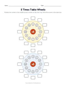 5 Times Table Wheels printable worksheet for grades 2 and 3