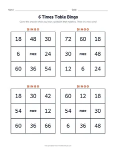 6 Times Table Bingo printable worksheet for grade 3
