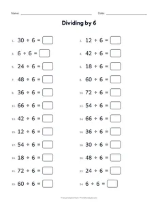 Dividing by 6 printable worksheet for grade 3