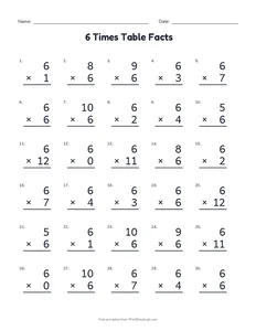 6 Times Table Facts printable worksheet for grade 3