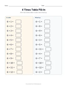 6 Times Table Fill-In printable worksheet for grade 3