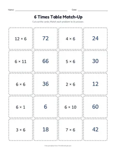 6 Times Table Match-Up printable worksheet for grade 3