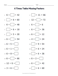 6 Times Table Missing Factors printable worksheet for grade 3