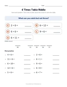 6 Times Table Riddle printable worksheet for grade 3
