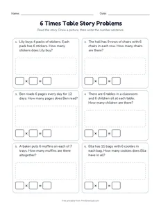 6 Times Table Story Problems printable worksheet for grade 3