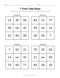 7 Times Table Bingo printable worksheet for grades 3 and 4