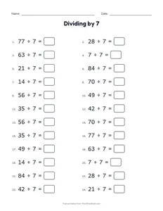 Dividing by 7 printable worksheet for grades 3 and 4