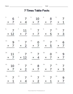 7 Times Table Facts printable worksheet for grades 3 and 4