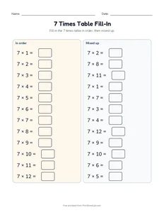 7 Times Table Fill-In printable worksheet for grades 3 and 4