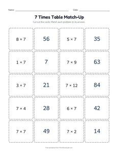 7 Times Table Match-Up printable worksheet for grades 3 and 4