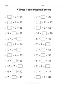 7 Times Table Missing Factors printable worksheet for grades 3 and 4
