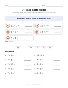 7 Times Table Riddle printable worksheet for grades 3 and 4