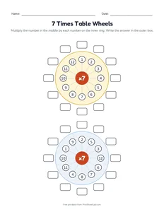 7 Times Table Wheels printable worksheet for grades 3 and 4