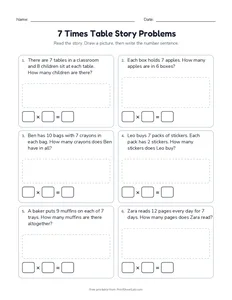 7 Times Table Story Problems printable worksheet for grades 3 and 4