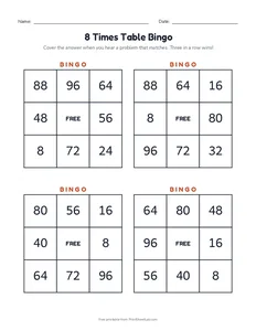 8 Times Table Bingo printable worksheet for grades 3 and 4