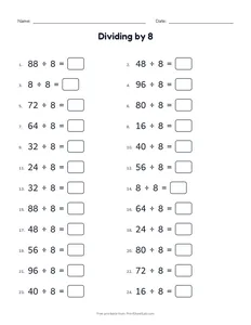 Dividing by 8 printable worksheet for grades 3 and 4